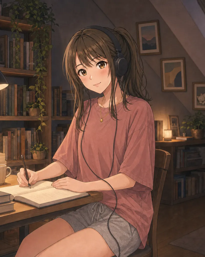 Miki at her desk at night with headphones on, writing in a notebook