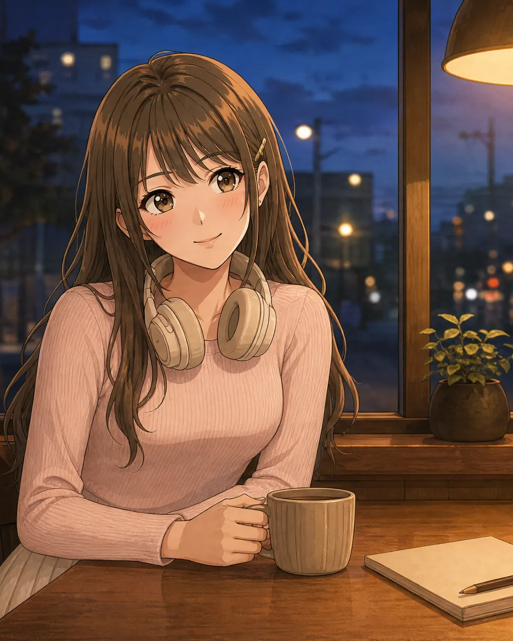 Miki smiling at a cafe table in the evening, headphones around her neck